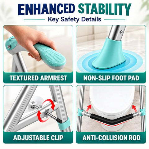 Super Sturdy Toilet Safety Rails For Seniors Heavy Duty Adjustable Bathroom Grab Bars with textured cyan armrest and non-slip foot pad.