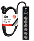 Heavy Duty Six Outlet Surge Protector Power Strip With Four Foot Extension Cord And 800 Joules Protection For Your Home Setup, six grounded sockets visible.