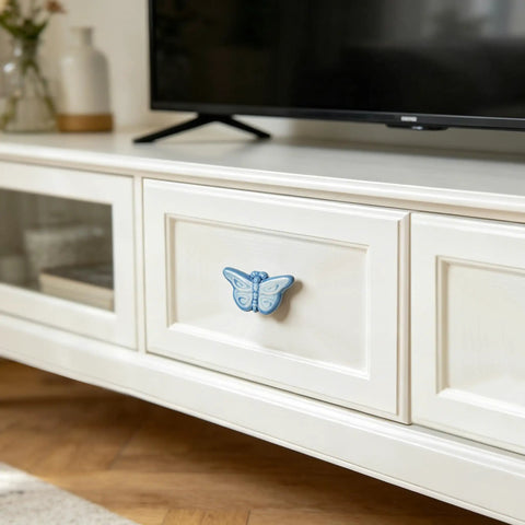 Six Piece Ceramic Drawer Knobs Set With Cute Butterfly Cabinet Pulls For Nursery And Kid Friendly Rooms Decorative Dresser Handles With Screws Ideal For Bedroom Bathroom And Shabby Chic Furniture Makeovers on a white drawer