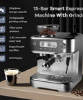 Score Barista Grade Coffee Daily With This Pro Espresso Maker And Built In Grinder, 15-bar pressure, stainless steel, 250g bean capacity.