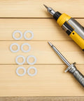 Stainless Steel Door Handle Washers and Spindle Repair Kit 100 Pcs Flat Thin Shims 8x12x0.1mm Door Knob Spacers for Home Hardware Maintenance and Furniture Repair DIY Ready, with drill bits on wood