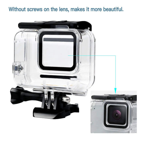 Hero 7 White And Silver Waterproof Housing Case with 30m depth and anti fog inserts, close-up of lens area, heavy duty protective shell.