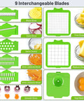 AISHUJIE 13-in-1 veggie chopper with container, green and gray body, 9 interchangeable blades.