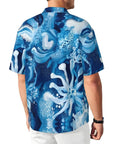 Back view of Ice Flowers Print Short Sleeve Shirt With Collar For Yacht Parties And Summer Nights Black Mens Shirt