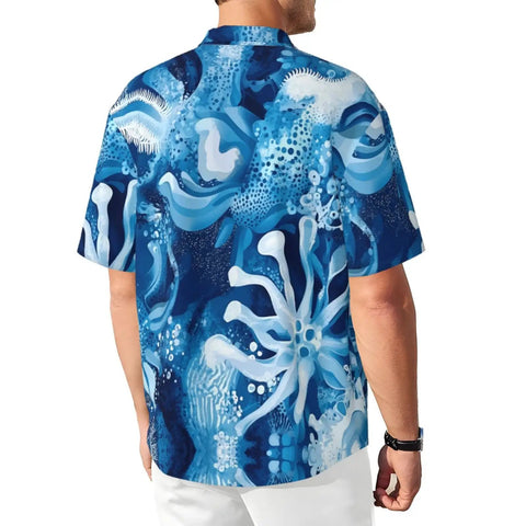 Back view of Ice Flowers Print Short Sleeve Shirt With Collar For Yacht Parties And Summer Nights Black Mens Shirt