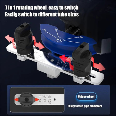 Heavy Duty Tube Bender Kit For Copper Pipes with 7-in-1 rotating wheel for switching tube sizes easily.