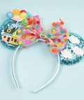 Blue Balloon Hut Sequin Ears Headband With Cloud Confetti Bow And Balloon House Charms Fun Plush Mouse Ear Accessory