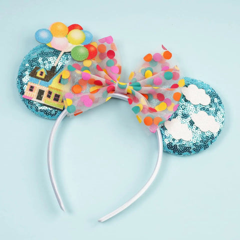 Blue Balloon Hut Sequin Ears Headband With Cloud Confetti Bow And Balloon House Charms Fun Plush Mouse Ear Accessory