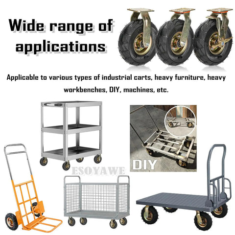 Tough As Nails Smooth Rolling Heavy Duty Pneumatic Rubber Casters 4 Pack 8 To 10 Inch Swivel Wheels displayed on various carts and equipment.