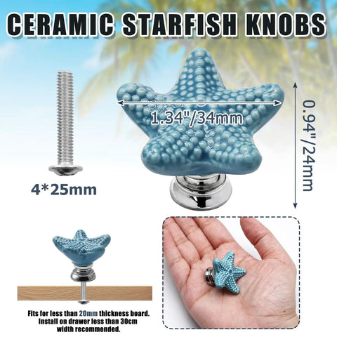 Super Snazzy Coastal Blue Ceramic Starfish Drawer Knobs 4 Pack With Solid Zinc Alloy Mounts For Kitchen Cabinet Makeover Legit Glossy Finish, 1.34 inch starfish knob on a hand.