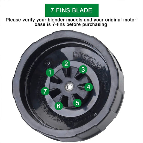 7 Fin Blender Blade Replacement Compatible With Auto IQ Blenders, top view showing 7 fins and caution label