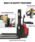 Fully Electric Pallet Stacker For Indoor Use Only, 3300 Lb Capacity, 118 Inch Lift Height, walk behind with safety features