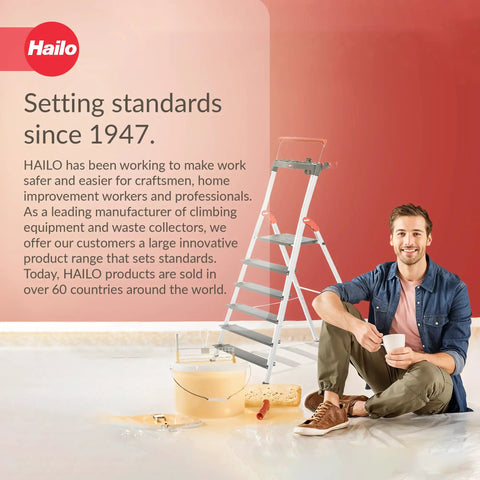 Six Step Aluminum Step Ladder With 330 Lb Capacity, 129.1 Inch Reach, Heavy Duty Build, Extendable Safety Bar, Locking Platform, Non Slip Steps, Tool Tray, Bucket Strap And Hook, EasyClix Ready For Fast Setup And Secure, High Reach Work. Hailo ladder promo