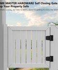 White fence gate with Self Closing Spring Gate Hinge Three And One Half Inch Heavy Duty Automatic T Hinge Steel Black Finish.