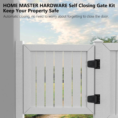 White fence gate with Self Closing Spring Gate Hinge Three And One Half Inch Heavy Duty Automatic T Hinge Steel Black Finish.