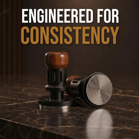 58Mm Espresso Tamper With Self Leveling Base, shown with stainless ripple base and walnut handle, displayed on dark countertop