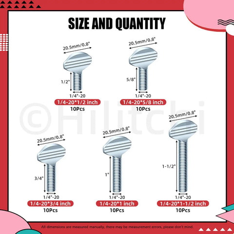 Tough As Nails Fifty Piece Full Thread Thumb Screws Five Sizes Quarter Twenty Carbon Steel Finger Tight Hardware Kit size chart with dimensions
