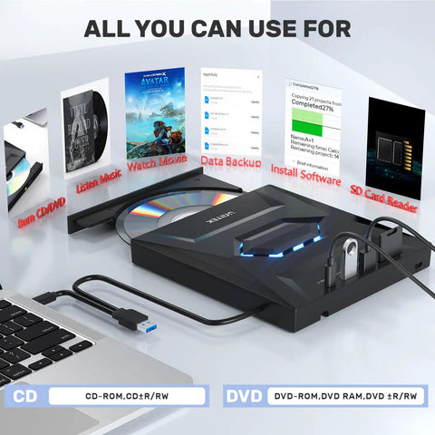 5 In 1 External Optical Drive With USB 3.0 And Type C Hub Portable CD DVD Burner And Disc Player Reads CDs And DVDs Includes USB A And USB C 2.0 Ports SD Card Slot Compatible With External Hard Drives Mice And Keyboards, black