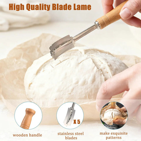Slicing dough with bread lame from All In One Sourdough Starter Kit With Banneton Baskets And Glass Jar For Home Bakers Includes 9 Inch Round And 10 Inch Oval Baskets With Linen Liners Silicone Slings Pastry Mat And Bread Lame
