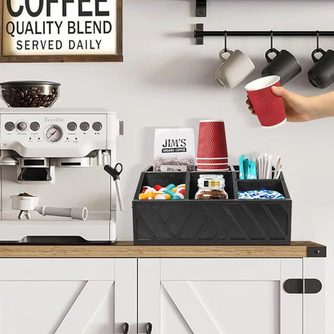 Coffee Station Organizer For Counter With Wood Pod Holder And Tea Condiment Storage Basket, Rustic Bar Decor on kitchen counter
