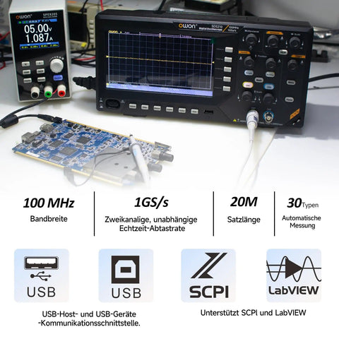 Dual Channel Digital Oscilloscope With 7 Inch TFT Screen 100MHz Bandwidth And 1GSps Sampling Rate Portable Pro Kit SDS210 on desk