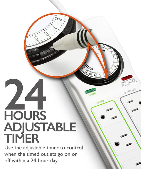 Close-up of Eight-Outlet Power Strip with Timer and Surge Protector, showcasing adjustable dial for 24-hour schedule.