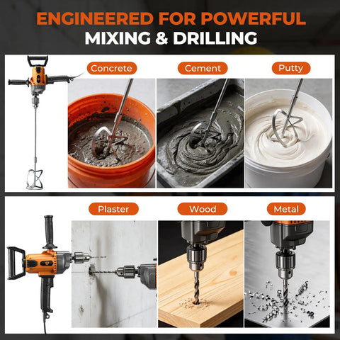 Image of Corded 20 Amp Mixing Drill With Five Eighth Inch All Metal Chuck 1100 RPM Heavy Duty Concrete Mixer For Cement Mortar Grout Plaster Paint 360 Degree D Handle For Easy No Fuss Mixing, showing its use with various materials like concrete and wood.