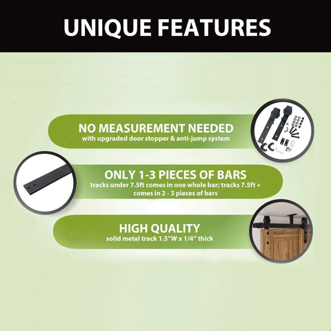 Black Rustic Ceiling Mount Double Track Bypass Sliding Barn Door Hardware Kit For Two Doors 7.5Ft features infographic