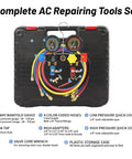 Pro Grade Vacuum Pump And Gauge Set With 4 Way Aluminum Manifold Leak Detector And PVC Storage Case For AC Maintenance Four Point Five CFM Pump Compatible With R22 R134A And R410A Refrigerants in black case with accessories.