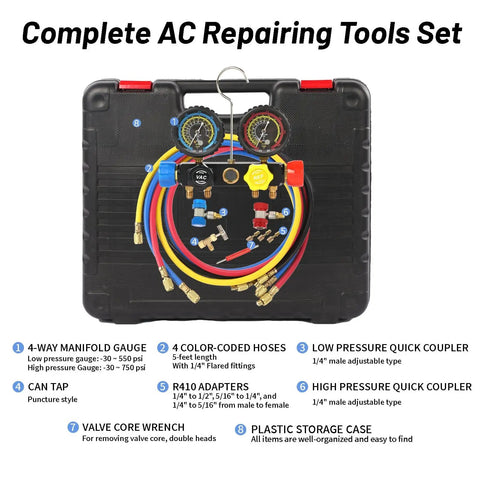 Pro Grade Vacuum Pump And Gauge Set With 4 Way Aluminum Manifold Leak Detector And PVC Storage Case For AC Maintenance Four Point Five CFM Pump Compatible With R22 R134A And R410A Refrigerants in black case with accessories.