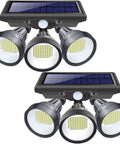 Solar Outdoor Lights With Motion Sensor For Yard And Garage Boss Level Bright 7000K Flood Light With 3 Adjustable Heads Covering 270 Degrees IP65 Waterproof Outdoor Security Flood Lights 2 Pack showing dual units with solar panels.