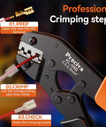 Workhorse Ratcheting Wire Crimping Tool With AWG 22 To 14 Carbide Jaws And Solid Grip for precise crimping steps displayed.