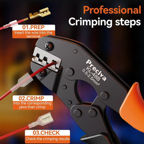 Workhorse Ratcheting Wire Crimping Tool With AWG 22 To 14 Carbide Jaws And Solid Grip for precise crimping steps displayed.