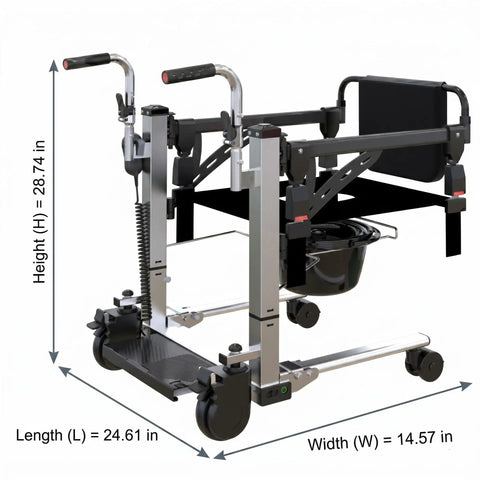 Super Solid Electric Patient Lift With Heavy Duty Stainless Steel Frame Smooth Power Transfer For Seniors Features Foldable Seat And Backrest dimensions shown, height 28.74 in, length 24.61 in, width 14.57 in.