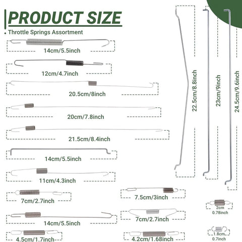 Product size chart for 54 Piece Replacement Throttle Springs Assortment Kit For Honda Briggs And Stratton Small Engines And 2kW To 4kW Generators