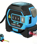 Solid Workhorse 3 In 1 Laser Distance Meter Pairs Up Cross Line Level And Retractable Tape Measure For Dead On Accuracy Digital panel with laser and tape measure.
