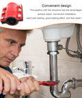 Man using Heavy Duty Pipe Repair Clamp for Steel and Plastic Pipes to fix a leak under a sink, showing waterproof seal and rustproof body.