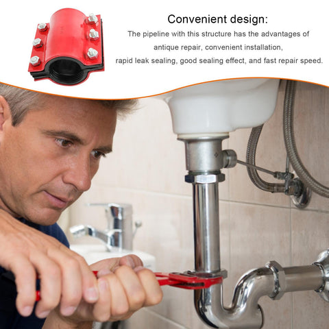Man using Heavy Duty Pipe Repair Clamp for Steel and Plastic Pipes to fix a leak under a sink, showing waterproof seal and rustproof body.