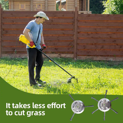 Person using Heavy Duty Steel Wire Trimmer Head For 5mm Aperture Universal Replacement With 6 Blades Beast Brush Cutter in garden