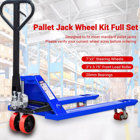Heavy Duty Pallet Jack Wheel Replacement Kit with Dual 7x2 Steering Wheels and 3x3.75 Load Rollers in warehouse
