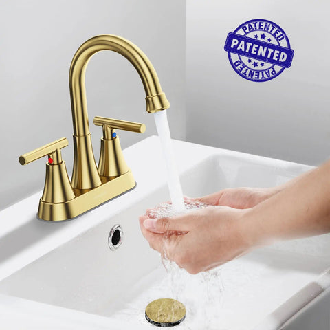 4 Inch Brushed Gold Bathroom Sink Faucet With Pop Up Drain And 2 Supply Hoses Lead Free Stainless Steel 2 Handle Centerset Vanity RV Faucet For Bathroom Sink Durable Finish Easy Install Modern Sleek Look, showing hands under running water.
