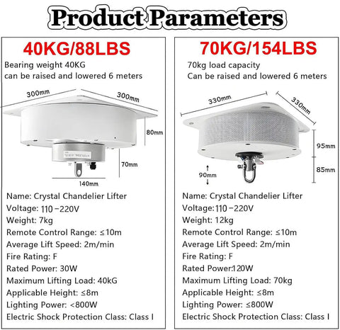 Product parameters for Heavy Duty Electric Hoist Lifter For Chandeliers with 6M Stroke And Remote Control Easy Cleaning Ladder Free Maintenance System 40KG Capacity.