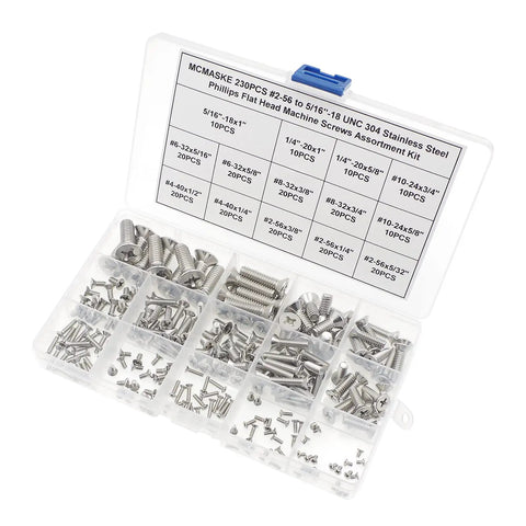 Premium 304 Stainless Steel Phillips Flat Head Machine Screw Assortment Pack Size Number Two Through Five Sixteen Inches in translucent case.