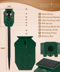 Two Pack Solar Ultrasonic Animal Repellers With Motion Sensor For Outdoor Yards And Gardens, Humane Pest Deterrents With Flashing LED Alerts, Waterproof And Easy To Install For Birds, Cats, Raccoons, Squirrels, And Rodents. Green 15.8-inch outdoor unit with stake, solar panel, and control knobs