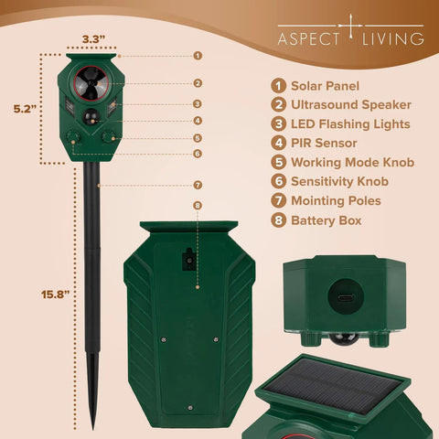 Two Pack Solar Ultrasonic Animal Repellers With Motion Sensor For Outdoor Yards And Gardens, Humane Pest Deterrents With Flashing LED Alerts, Waterproof And Easy To Install For Birds, Cats, Raccoons, Squirrels, And Rodents. Green 15.8-inch outdoor unit with stake, solar panel, and control knobs