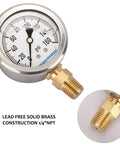 Measureman RV pressure gauge, 0-160 psi, glycerin-filled, 2-inch dial, brass 1/4 in NPT lower mount, stainless steel case