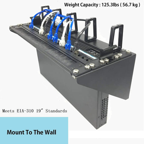 Rock Solid Heavy Duty 4U Vertical Wall Mount Rack Pack Of Two For 19 Inch Network Equipment And Patch Panels Built Tough With 125 Lb Staggering Load Rating Smooth Install showing mounted steel rack with cables.