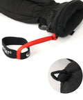 Elastic Ski Glove Wrist Leash And Safety Strap with black and red strap attached to glove, close-up of durable loop fastening