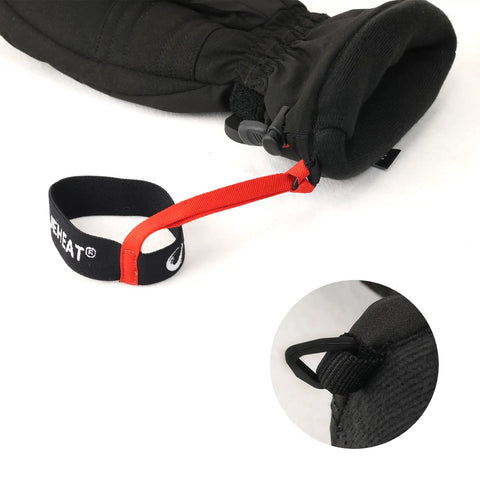 Elastic Ski Glove Wrist Leash And Safety Strap with black and red strap attached to glove, close-up of durable loop fastening