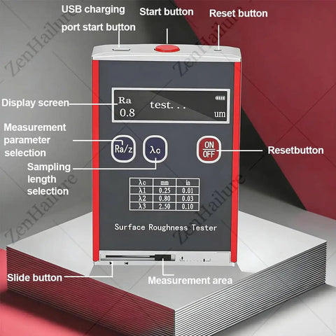Top Notch Portable Surface Roughness Tester With 0.01 μm Precision Profilometer for metal surfaces showing display and buttons.